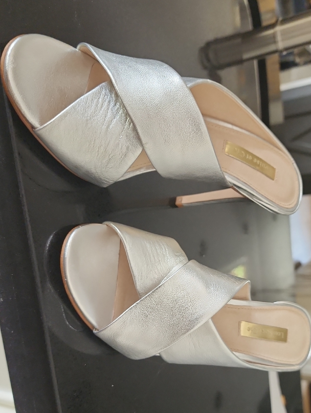 Louise et Cie Metallic Silver Crisscross Mule Heels NWOT